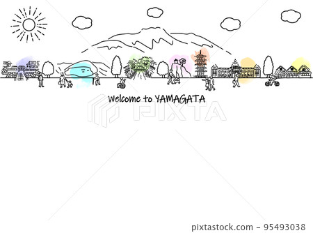 Hand-drawn townscape of Yamagata Prefecture and simple line drawings of people 95493038
