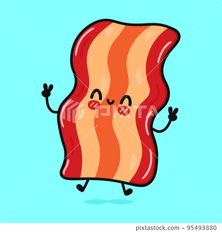 Cute funny jumping bacon. Vector hand drawn cartoon kawaii character illustration icon. Isolated on blue background. Bacon character concept 95493880