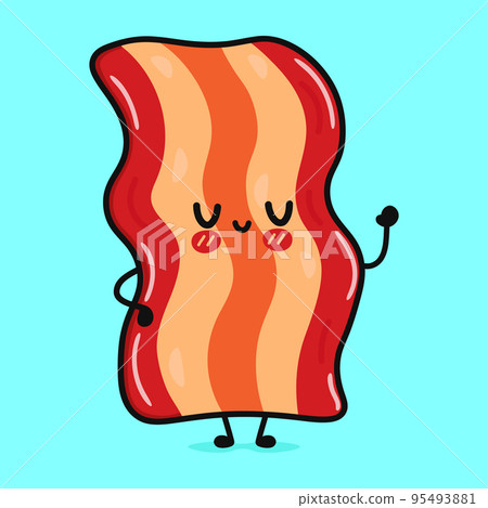 Cute funny bacon waving hand. Vector hand drawn cartoon kawaii character illustration icon. Isolated on blue background. Bacon character concept Cute funny bacon waving hand. Vector hand drawn cartoon kawaii character illustration icon. Isolated on blue background. Bacon character concept 95493881