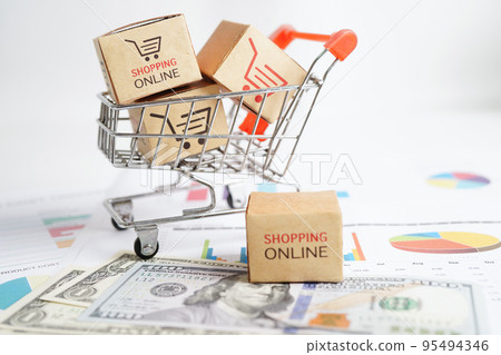 Online shopping, Shopping cart box with money, import export, finance commerce. 95494346
