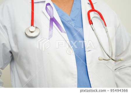 Asian woman doctor with purple ribbon, World Pancreatic Cancer day or World Alzheimer day. Asian woman doctor with purple ribbon, World Pancreatic Cancer day or World Alzheimer day. 95494366