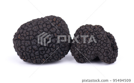 Black truffles isolated on a white background. Fresh sliced truffle. Delicacy exclusive truffle mushroom. Piquant and fragrant French delicacy. Clipping path. Black truffles isolated on a white background. Fresh sliced truffle. Delicacy exclusive truffle mushroom. Piquant and fragrant French delicacy. Clipping path. 95494509