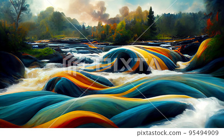 Colored river stream in the forest. Abstract multicolor river flows. Digital illustration. 95494909