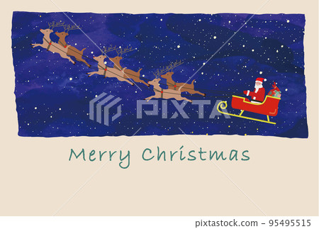 Christmas card of Santa Claus riding a reindeer sleigh through the starry sky and carrying presents Merry Chris 95495515