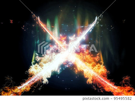 3d illustration of crossed flame swords 95495582