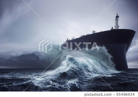 A Cargo Ship in Rough Sea and Stormy Weather 95496934