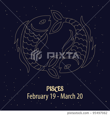 Horoscope, zodiac sign Pisces, golden design on a blue starry background. Illustration, vector 95497082