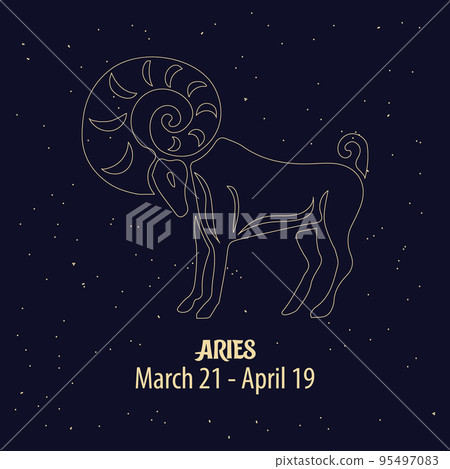 Horoscope, zodiac sign Aries, golden design on a blue starry background. Illustration, vector 95497083