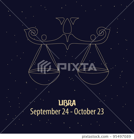 Horoscope, zodiac sign Libra, golden design on a blue starry background. Illustration, vector 95497089