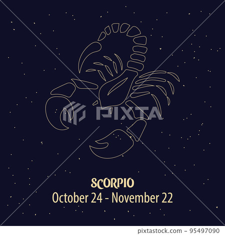 Horoscope, zodiac sign Scorpio, golden design on a blue starry background. Illustration, vector 95497090