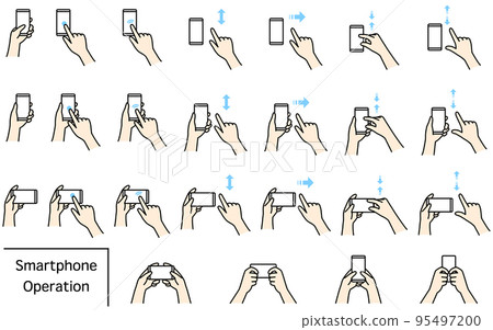 Illustration of actions to operate a smartphone (pinch, zoom, swipe, flick, tap, double tap) 95497200
