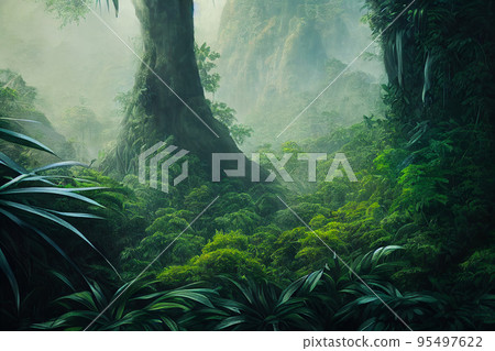 Tropical background green plant leaf South America forest jungle palm tree 95497622