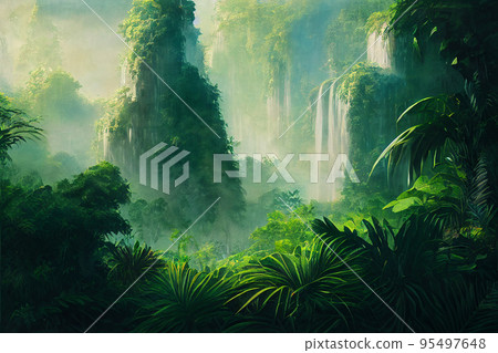 Tropical background green plant leaf South America forest jungle palm tree 95497648
