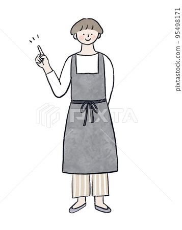 A woman in an apron who raises her index finger A woman in an apron who raises her index finger 95498171