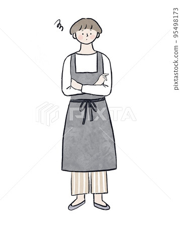 A woman in an apron with a troubled face A woman in an apron with a troubled face 95498173