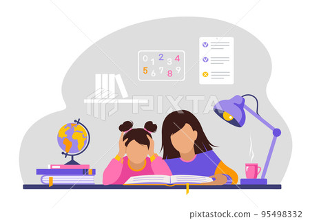 Mother or teacher helps girl to do homework. Mother or teacher helps girl to do homework. 95498332