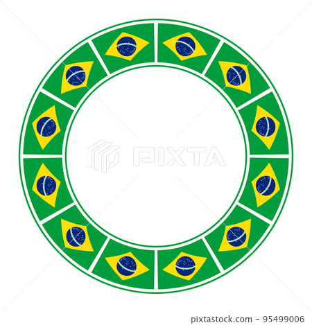 Flag of Brazil, circle frame. Border, made of the repeated national flag of Brazil motif. Blue disc depicting a starry sky spanned by a curved inscribed band, within a yellow rhombus on a green field. 95499006