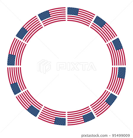 Flag of the United States, circle frame. Border, made of the repeated motif of the national flag of the United States of America. White five-pointed stars, on blue ground, with red and white stripes. 95499009