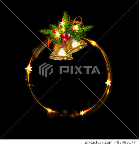 Isolated wreath with golden bells, red berries and shiny stars 95499177