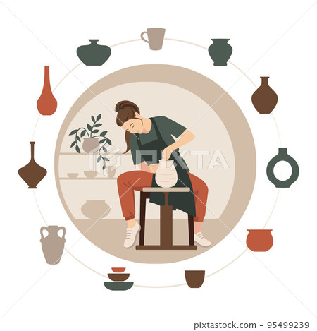 Potter girl. A woman sculpts a clay vase behind a potter's wheel. Potter girl. A woman sculpts a clay vase behind a potter's wheel. 95499239
