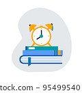 Yellow alarm clock, books, warnings on a white background. 95499540