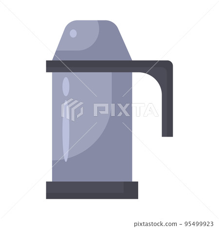 Thermos container isolated white background icon. Thermo drink flask and metal bottle for water. Steel object for tea and travel mug. Thermal plastic cup and camping can for beverage. Cartoon element 95499923
