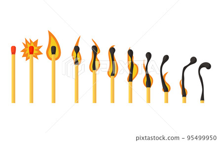 Burning match animation and flame ignite wooden stick. Matchstick fire sequence isolated icon set. Cartoon burnt step and element motion effect. Row flammable animated loading vector illustration Burning match animation and flame ignite wooden stick. Matchstick fire sequence isolated icon set. Cartoon burnt step and element motion effect. Row flammable animated loading vector illustration 95499950