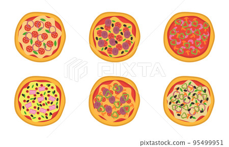 Pizza top view icons set. Italian food with tomato and cheese isolated on white background. Delicious menu for a restaurant with cheese , mushrooms and meat ingredients. Round food vector illustration Pizza top view icons set. Italian food with tomato and cheese isolated on white background. Delicious menu for a restaurant with cheese , mushrooms and meat ingredients. Round food vector illustration 95499951