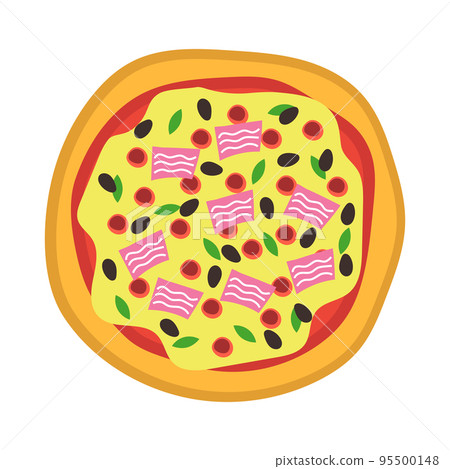 Pizza top view icons. Italian food with tomato and cheese isolated on white background. Delicious menu for a restaurant with cheese , mushrooms and meat ingredients. Round food vector illustration 95500148