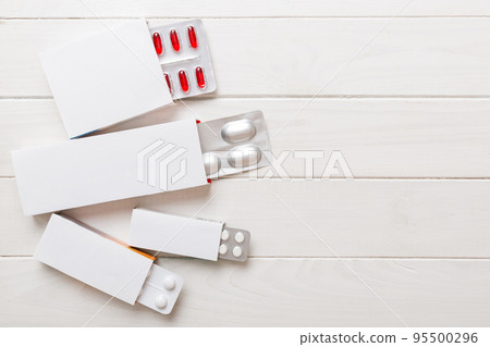 Blank White Product Package Box Mock-up. Open blank medicine drug box with blister top view 95500296
