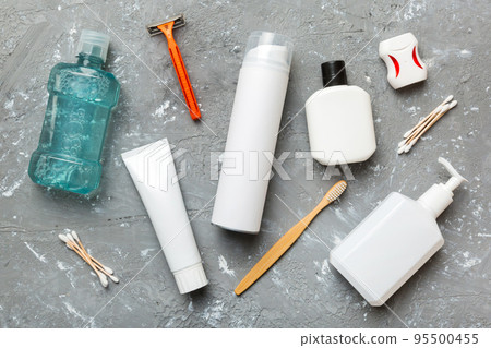 Mockup for bathing products top view flat lay, spa razor, toothpaste, soap, gel and other various accessories. Cosmetics for skin health. Bath Mockup for your logo 95500455