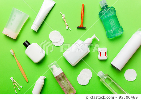 Mockup for bathing products top view flat lay, spa razor, toothpaste, soap, gel and other various accessories. Cosmetics for skin health. Bath Mockup for your logo Mockup for bathing products top view flat lay, spa razor, toothpaste, soap, gel and other various accessories. Cosmetics for skin health. Bath Mockup for your logo 95500469