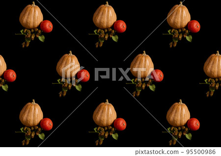 Whole organic pumpkins of various sizes and hop cones - humulus lupulus, on black background. Craft from autumn seasonal vegetables - witch on a broomstick. Halloween Thanksgiving. Copy space. Pattern 95500986