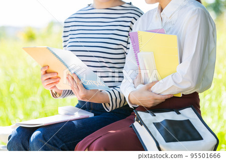 Young female college student studying on a bench outdoors 95501666