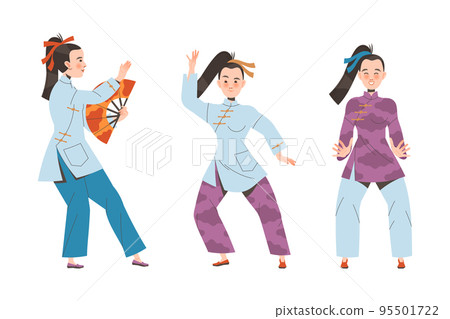 Young Woman Character in Kimono with Fan Practicing Tai Chi and Qigong Exercise Vector Set 95501722