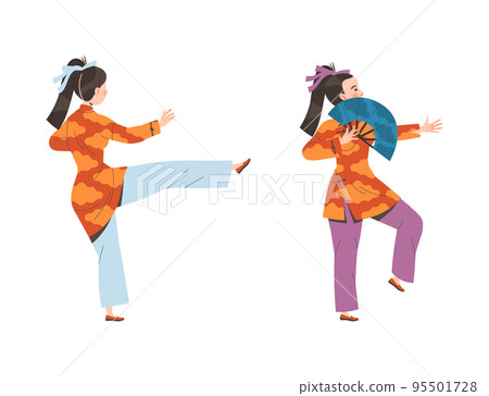 Young Woman Character in Kimono with Fan Practicing Tai Chi and Qigong Exercise Vector Set 95501728
