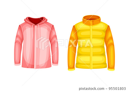 Winter Clothes with Down Jacket with Long Sleeve as Warm Outerwear and Protection Against Cold Weather Vector Set 95501803