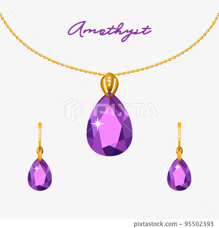 Illustration set of gold jewelry pendant on a chain and earrings with amethysts 95502393