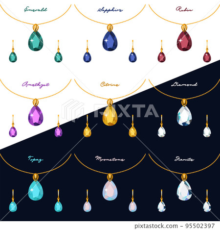 Illustration set of gold jewelry pendant on a chain and earrings with different gems 95502397
