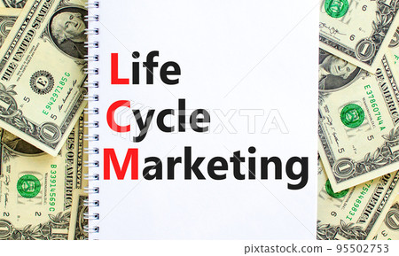 LCM lifecycle marketing symbol. Concept words LCM lifecycle marketing on white note on a beautiful background from dollar bills. Business and LCM lifecycle marketing concept. Copy space. 95502753
