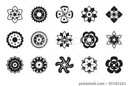 Flower silhouette icons, black sunflower daisy. Spring monochrome dahlia, rose and chamomile, outline easter blossom decor. Logo template, abstract botanical pictogram, vector symbols set Flower silhouette icons, black sunflower daisy. Spring monochrome dahlia, rose and chamomile, outline easter blossom decor. Logo template, abstract botanical pictogram, vector symbols set 95503161