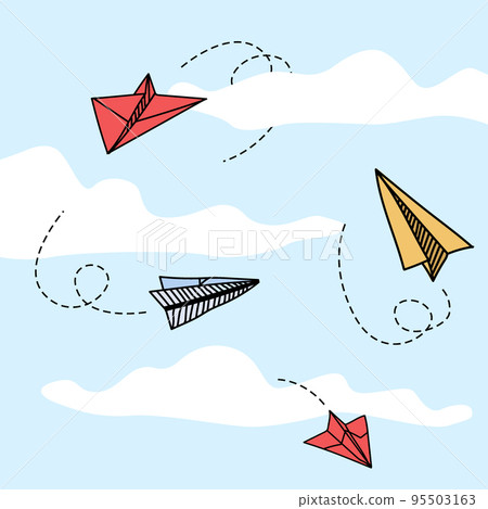 Doodle paper plane. Flying origami airplanes. Sky clouds. Flight dotted trace. Folded aircraft. Transportation by air. Sending messages and traveling. Aviation journey. Vector illustration Doodle paper plane. Flying origami airplanes. Sky clouds. Flight dotted trace. Folded aircraft. Transportation by air. Sending messages and traveling. Aviation journey. Vector illustration 95503163