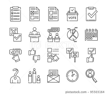 Vote icons. Politic election. Poll signs set. Politician speech. Ballot or survey. Hand tick on paper in box. Voting button. Speaker tribune. Candidate choice. Vector line illustration Vote icons. Politic election. Poll signs set. Politician speech. Ballot or survey. Hand tick on paper in box. Voting button. Speaker tribune. Candidate choice. Vector line illustration 95503164