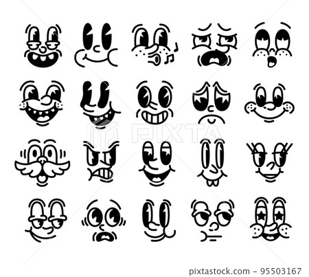 Retro faces. Emotion expression vintage mascot with eyes and mouths. Funny comic characters set. Animation logo collage. Disappointed or cheerful emoticons. Vector cartoon illustration Retro faces. Emotion expression vintage mascot with eyes and mouths. Funny comic characters set. Animation logo collage. Disappointed or cheerful emoticons. Vector cartoon illustration 95503167