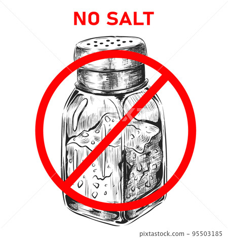 No salt. Food salting prohibition sign. Saltcellar sketch. Glass jar with salty taste seasoning. Forbiddance circle crossed sign. Sodium free. Spice stop added. Vector heathy diet sticker No salt. Food salting prohibition sign. Saltcellar sketch. Glass jar with salty taste seasoning. Forbiddance circle crossed sign. Sodium free. Spice stop added. Vector heathy diet sticker 95503185