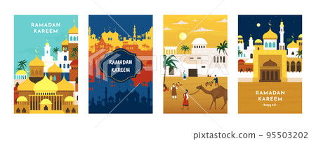Eid Mubarak. Islam Ramadan greeting cards set. Arabs in market. Ramadhan celebration. Morocco mosques. Arabic buildings. Oriental architecture. Religious posters. Vector backgrounds 95503202