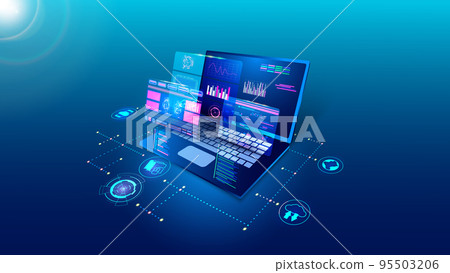 Software technology, digital program develop. Laptop api code, web application, computer monitor interface. Analysis and processing of information. Vector creative background 95503206