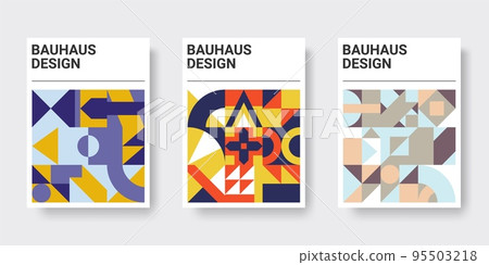 Geometric triangle pattern, abstract colorful circles and squares. Bauhaus line shapes, modern retro posters collection. Contemporary mosaic, art collage. Vector graphic, simple background 95503218
