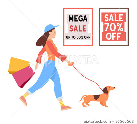 Young fashion shopper girl is walking with the dog. Sale announcement and fifty percent discounts Young fashion shopper girl is walking with the dog. Sale announcement and fifty percent discounts 95503568