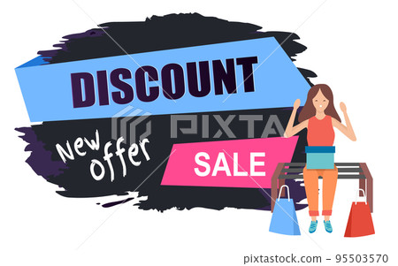 Promotion of sales and discounts on the background. Woman is sitting on bench with box on her knees Promotion of sales and discounts on the background. Woman is sitting on bench with box on her knees 95503570